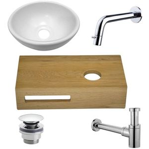 Wiesbaden Oak houten fonteinset compleet met inbouwkraan, waskom rechts, houten blad, sifon en afvoerplug chroom sw1175/sw296023/sw417832/sw440853/sw450729/