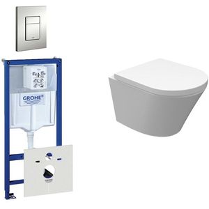 Wiesbaden Vesta Spoelrandloos toiletset bestaande uit inbouwreservoir, compact wandcloset met toiletzitting en bedieningsplaat mat chroom 0720002/0729205/sw98662/