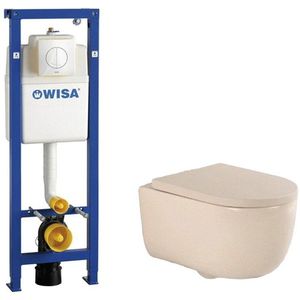 QeramiQ Dely Swirl Toiletset - 36.5x53cm - Wisa XS inbouwreservoir - 35mm zitting - witte bedieningsplaat - ronde knoppen - beige 0704406/SW1000771/SW1026259