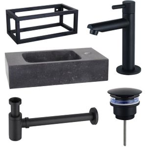 Fortifura Fuente fonteinset - 40x22x24.5cm - 1 kraangat - natuursteen - zwart frame - fonteinkraan zwart mat - zwart SW696235/SW696205/SW696215/SW373151/SW533192