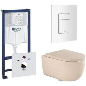 QeramiQ Dely Swirl Toiletset - 36.5x53cm - Grohe Rapid inbouwreservoir - 35mm zitting - witte bedieningsplaat - rechthoekige knoppen - beige 0720003/0729205/SW1000771/SW1026259