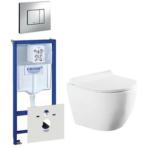 QeramiQ Salina Compact toiletset bestaande uit inbouwreservoir, compact wandcloset met toiletzitting en bedieningsplaat verticaal/horizontaal chroom 0720001/0729205/sw258541/