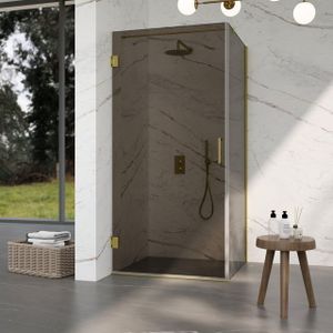 Fortifura Galeria Douchecabine - 100x90x200cm - scharnieren - deurgreep - vlak - rookglas - Geborsteld messing PVD (Goud) SW1122559/SW1122564/SW797910/SW797938