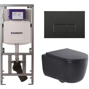 QeramiQ Dely Swirl Toiletset - 36.3x51.7cm - Geberit UP320 Burda inbouwreservoir - 35mm zitting - mat zwarte bedieningsplaat - rechthoekige knoppen - mat zwart SW1000769/SW1026258/0701131/SW706189