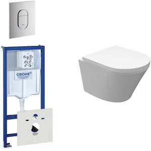 Wiesbaden Vesta Spoelrandloos toiletset bestaande uit inbouwreservoir, compact wandcloset met toiletzitting en bedieningsplaat verticaal chroom 0729205/0729240/sw98662/