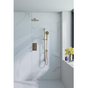 Fortifura Calvi Inbouw Regendoucheset - thermostatisch - wandarm - glijstang - 25cm hoofddouche - ronde handdouche - gladde doucheslang - geborsteld Messing PVD (Goud) SW728176/SW720555/SW720562/SW720569/SW1159494/SW76