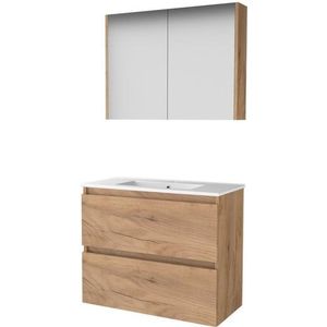 Basic-Line Comfort 39 badkamermeubelset - 80x39cm - greeploos - 2 lades - porseleinen wastafel - 1 kraangat - Spiegelkast - MFC Whisky Oak 1810031