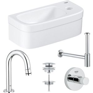 GROHE Euro fonteinset 37x18cm 1 kraangat zonder overloop gebogen chromen kraan sifon afvoerplug handdoekhaak fontein Rechthoek wit 0437366/0434215/ga31755/0438129/sw197129/