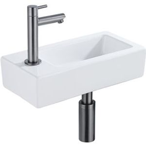 QeramiQ Fuente Fonteinset - 37.5x18.5x9cm - keramiek - kraangat links - fonteinkraan gunmetal - afvoerplug - verlaagd sifon - Glans wit SW1122449/SW769487/SW767295/SW696239