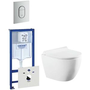 QeramiQ Salina Compact toiletset bestaande uit inbouwreservoir, compact wandcloset met toiletzitting en bedieningsplaat verticaal mat chroom 0729205/0729241/sw258541/