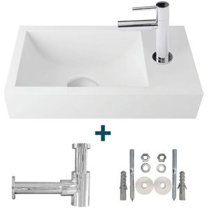 Nemo Spring Keyna fonteinset 40x22cm zonder overloop inclusief 14cm koudwaterkraan en RVS sifon solid surface wit sw10088/sw10735/sw21230/sw286373/sw290278/