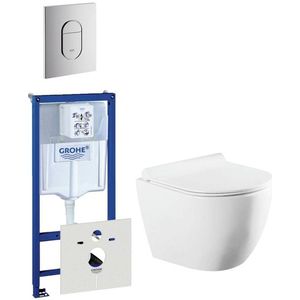 QeramiQ Salina Compact toiletset bestaande uit inbouwreservoir, compact wandcloset met toiletzitting en bedieningsplaat verticaal chroom 0729205/0729240/sw258541/