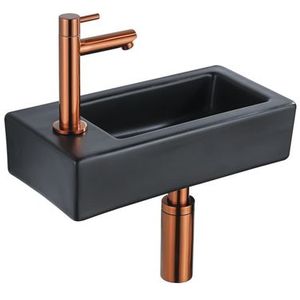 QeramiQ Fuente Fonteinset - 37.5x18.5x9cm - keramiek - kraangat links - fonteinkraan geborsteld koper - afvoerplug - verlaagd sifon - Mat Zwart SW1122451/SW799405/SW799403/SW970033