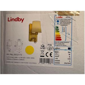 Lindby - Wandlamp - 1licht - stof, metaal - H: 30.8 cm - wit, messing