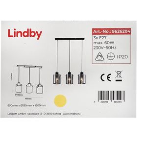 Lindby - hanglamp - 3 lichts - staal, glas - E27 - zwart, chroom