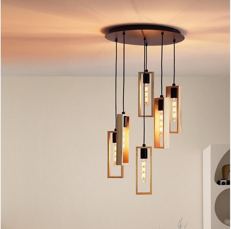 EGLO - Littleton - Hanglamp - Zwart - Bruin - 6 Vlammige Vintage Hanglamp in Industrieel Design