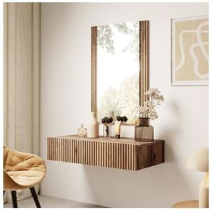 Wandplank - Eiken Wotan - Set met Spiegel - 80 x 17 x 42 cm