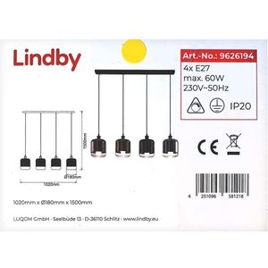 Lindby - hanglamp - 4 lichts - ijzer, glas - E27 - zwart, chroom, koper, goud