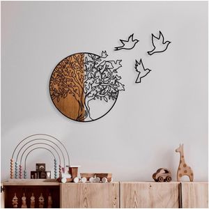 Wanddecoratie - Hout/Metaal - 60x56 cm - Boom en Vogels