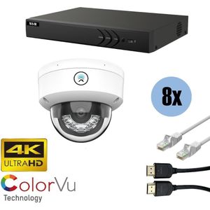 Kit, 8x Dome, 8Mp 4K Ultra HD ColorVu Binnen camera, met NVR en bekabeling