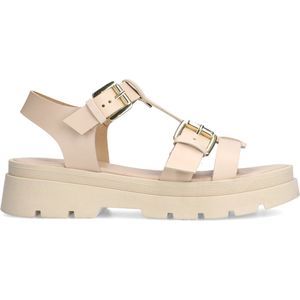 Beigefarbene Plateausandalen aus Leder mit goldfarbenen Schnallen