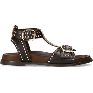Dunkelbraune Ledersandalen mit goldfarbenen Nieten und Schnallen