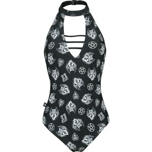 Black Blood by Gothicana - Gothic Zwempak - Neckholder Swim Suit With Mystical Symbols - S tot XXL - voor Vrouwen - zwart