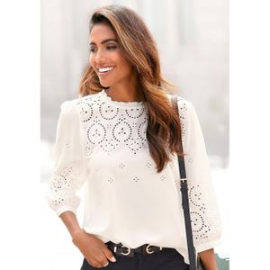 Lascana Blouse - Crème - Gaatjesborduurwerk - Subtiele Ruches - 3/4-Mouwen