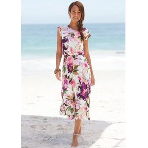 Beachtime Midi-jurk met bloemenprint en elastische tailleband, zomerjurk, strandjurk