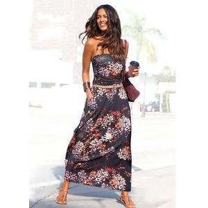 Lascana Maxi-jurk met bloemenprint en zakken, zomerse strapless jurk, strandjurk