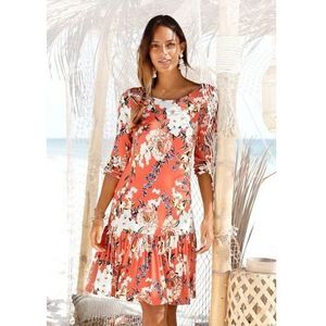 s.Oliver RED LABEL Beachwear Jerseyjurk met bloemenprint en rok met volants, 3/4 mouwen, zomerjurk, strandjurk