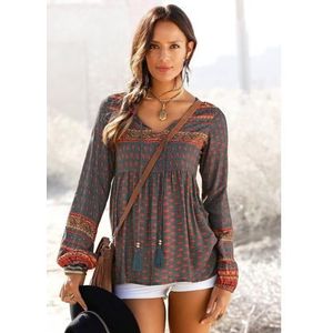 Buffalo Blouse zonder sluiting met etnische print en sierparels, boho-stijl, blouse met lange mouwen