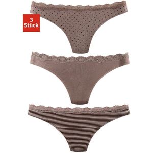Lascana String van elastische katoen met delicate kant (3 stuks)