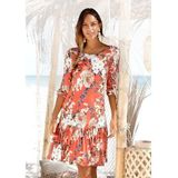 s.Oliver RED LABEL Beachwear Jerseyjurk met bloemenprint en rok met volants, 3/4 mouwen, zomerjurk, strandjurk