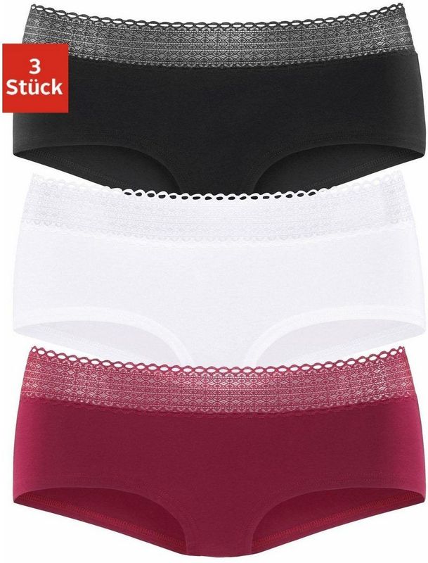 s.Oliver RED LABEL Beachwear Hipster van elastische katoen-kwaliteit met grafische kant (3 stuks)