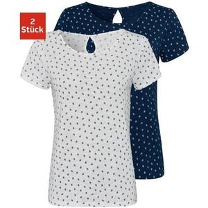 Lascana T-shirt met leuke bladprint en cut-out in de nek (Set van 2)