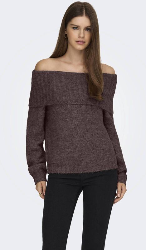 Only - Onlshine - Gebreide Trui - Bruin Melange - Off Shoulder
