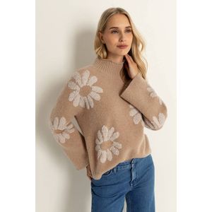 Claudia Sträter gebloemde trui taupe gebreid