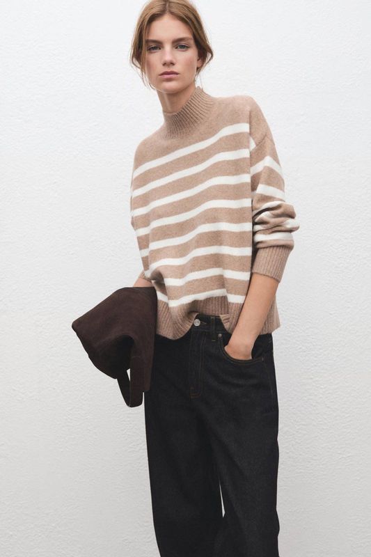 Mango gestreepte gebreide trui lichtbruin