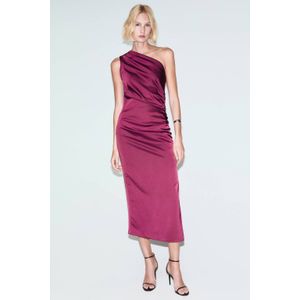 Mango satijnen one shoulder jurk fuchsia