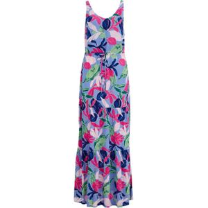 WE Fashion maxi jurk met all over print en volant met open rug blauw/roze/groen