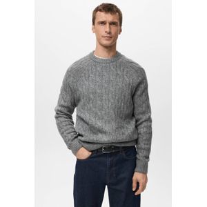 Mango Man trui met wol met kabels grijs