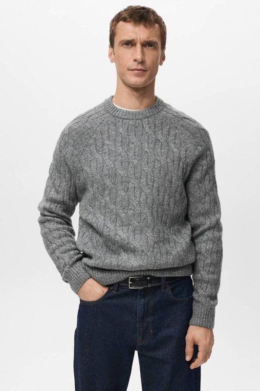 Mango Man trui met wol met kabels grijs