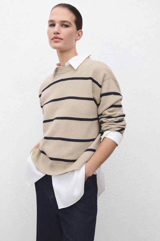 Mango gestreepte gebreide trui beige