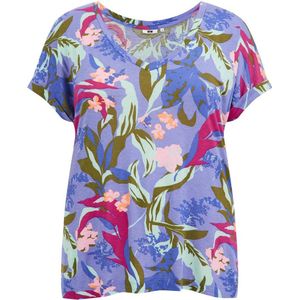 WE Fashion Curve top met bladprint blauw/groen/roze