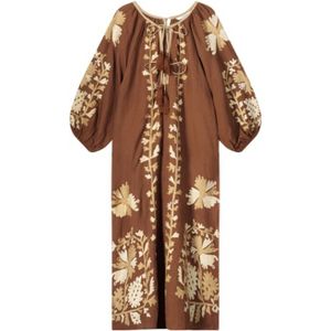 Summum jurk met linnen en all over print bruin