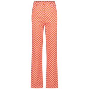 Ellastiek geruite high waist straight fit pantalon Lysanne roze/oranje