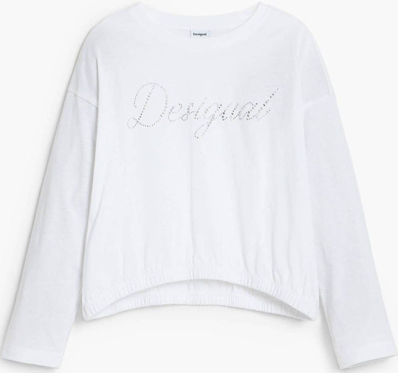 Desigual - Effen T-shirt - Katoen - Lange Mouwen - Ronde Hals - Strasslogo