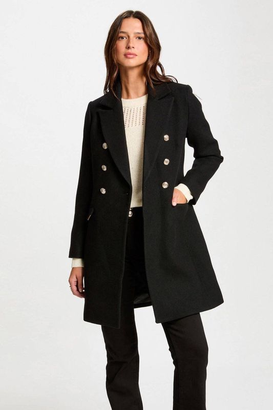 Lange Jas - Zwart - Wol - Dubbele Rij Knopen - 2 Voorkzakken Met Klep