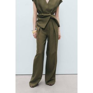 Mango linnen wide leg high waist pantalon kaki